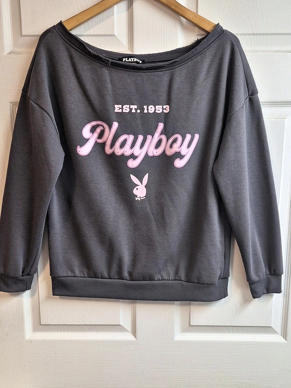 Playboy Fleece Off Shoulder Sweatshirt Gray & Pink Small